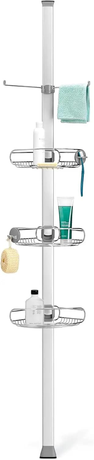 Tension Pole Shower Caddy No Drill Floor To Ceiling Bathroom Organizer Rack Extends Six To Nine Feet Adjustable Shelves Rust Proof Stainless Steel Storage Holder Stand Corner Basket For Bathtub Inside Shower Silver
