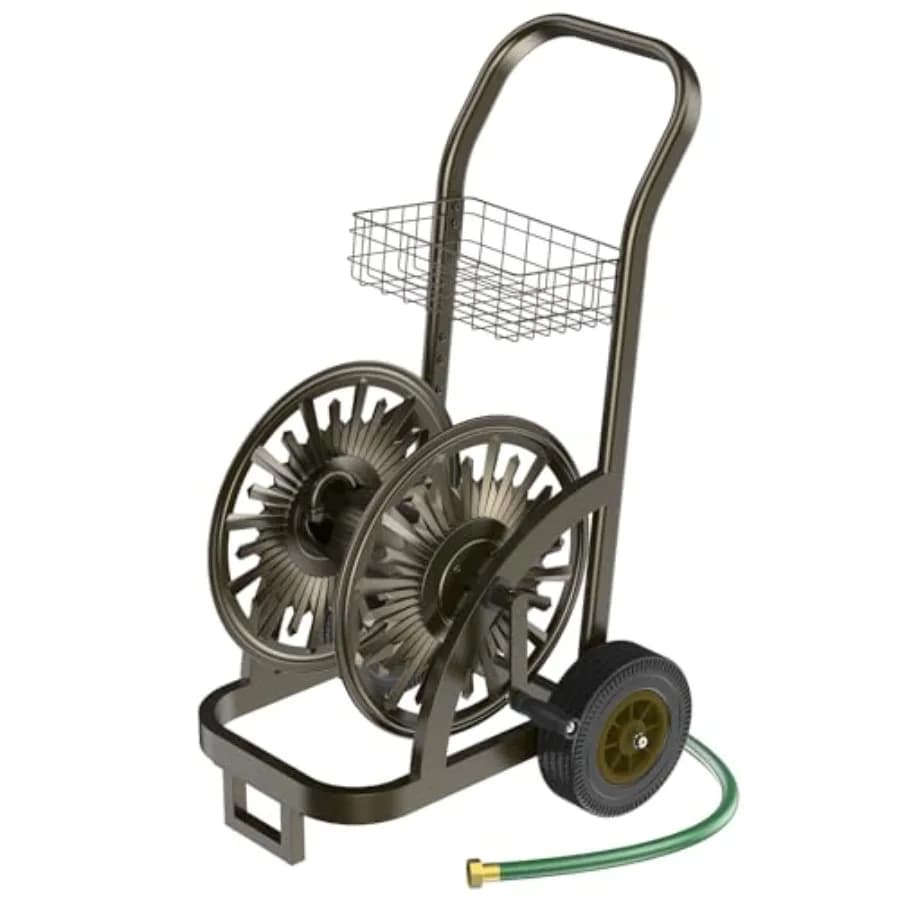 Carrello Avvolgitubo da Giardino in Acciaio Rinforzato con Ruote, Contiene 200 Piedi di Tubo da 5/8, Cesto Portaoggetti, Design Anti-Ribaltamento, Avvolgitubo Mobile per Acqua