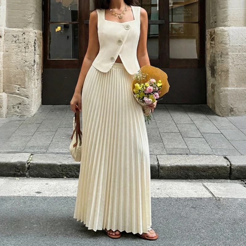 Completo Due Pezzi da Donna: Set Coordinato Tinta Unita con Giacca Senza Maniche con Bottoni e Gonna Plissettata Lunga alla Caviglia a Vita Alta - Casual Estate 2026