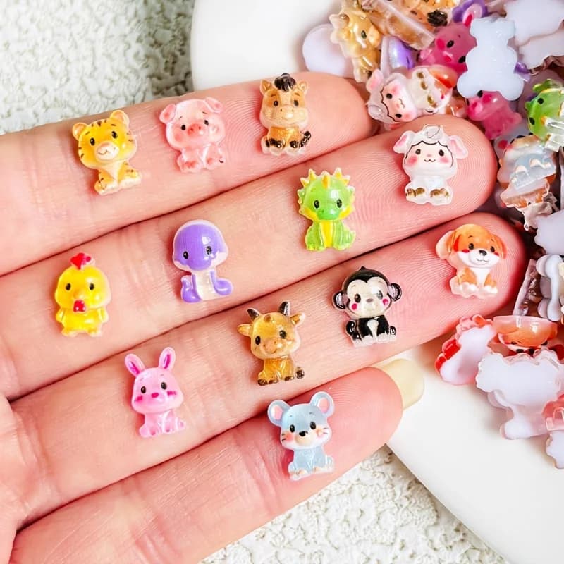 20/40/60 Cute Mini Mixed Tiger, Dragon, Dog, Rabbit, Pig Nail Art, Resin Petite Charm Multi-Functional Rhinestone Embellishments