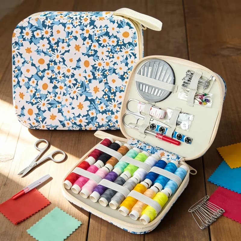 Borsa in pelle blu stampata per ago e filo, kit da cucito a mano per uso domestico, borsa regolare per ago e filo, set portatile