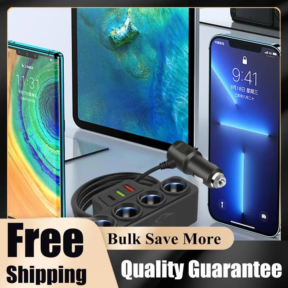 Fast Charger for Auto with 3 USB sockets QC3.0+PD 3.1A 12V-24V, Power Adapter for Telephone 18W, Splitter for Cigarette Press