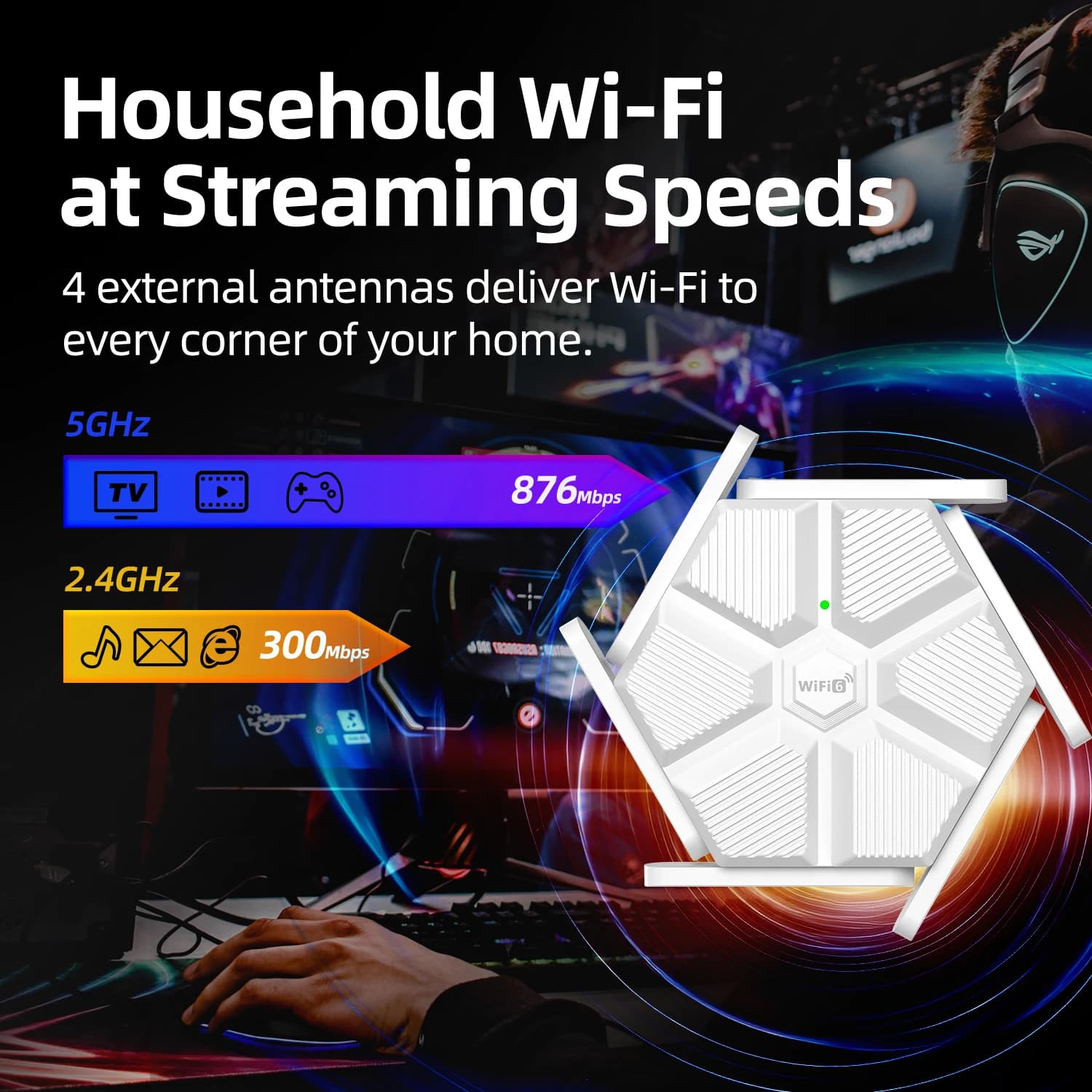 PIX-LINK Ripetitore WiFi 6 AX20 900Mbps Dual Band 5GHz/2.4GHz con 6 Antenne, Amplificatore di Segnale, Controllo APP, WPA3