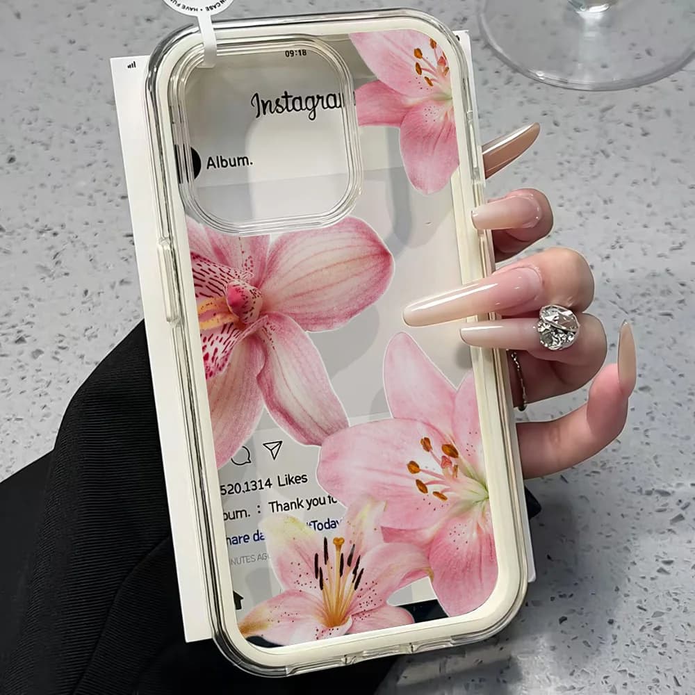 Pink Lily Flower Clear Phone Case For iPhone 17 11 12 14 13 16 15 Pro Max 17 Air XR X Case Silicone 2 IN 1 Shockproof Soft Cover