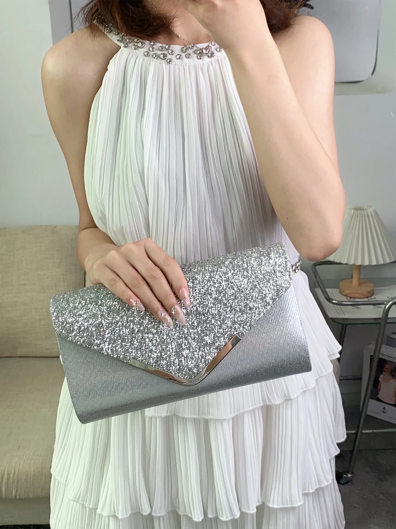 Pochette a busta glitterata, lucida ed elegante e alla moda, borsa da sposa per feste per borse da pranzo da donna
