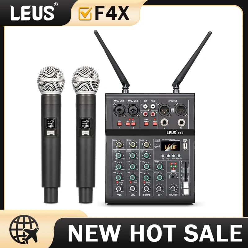 LEUS F4X Mixer audio a 4 canali con doppio microfono wireless UHF Mixing console DJ per registrazione in studio PC per feste karaoke