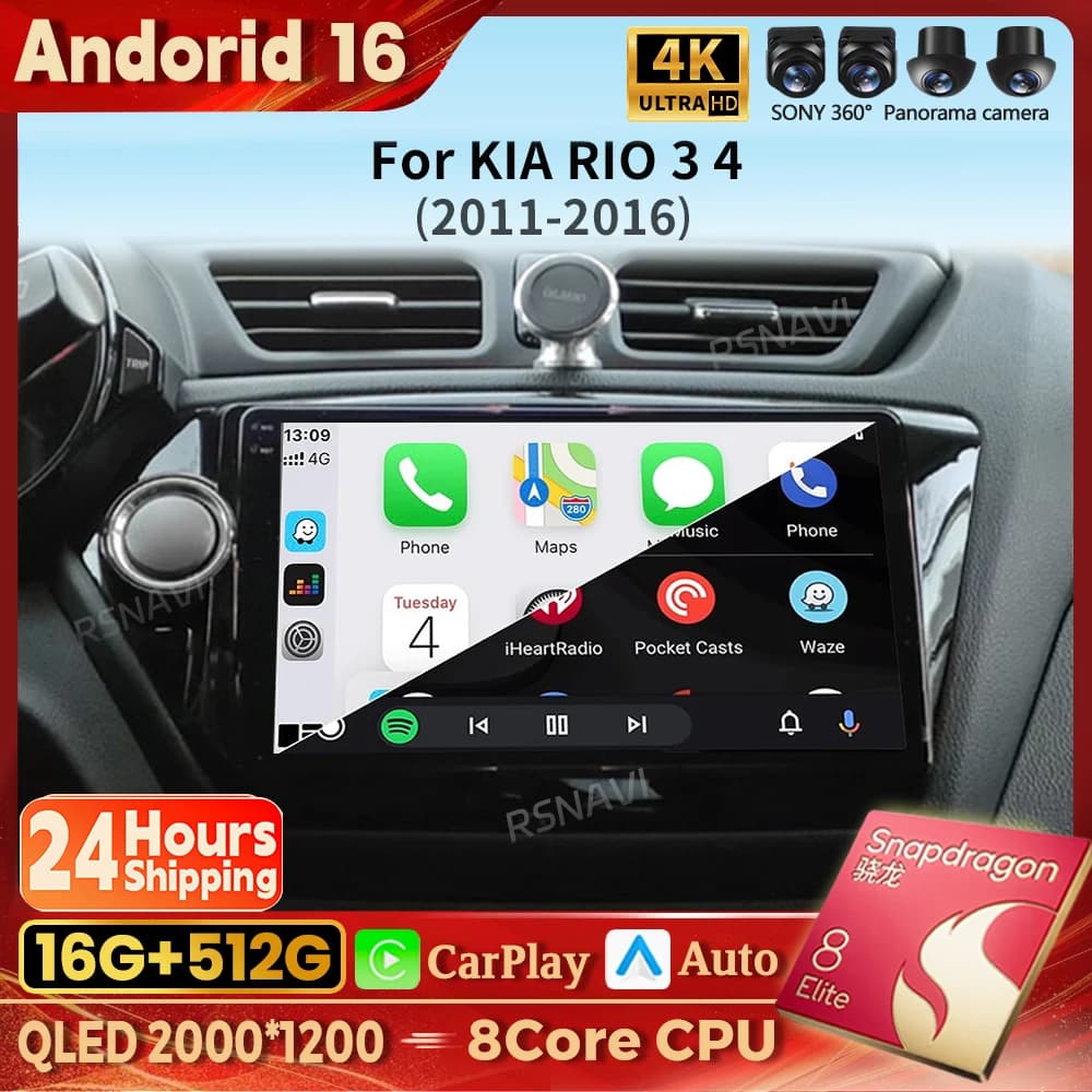 Autoradio multimediale Qualcomm Android 16 per Kia RIO 3 4 2011-2016, con Carplay, stereo, DSP, Wi-Fi, 4G, GPS, video, 2 Din