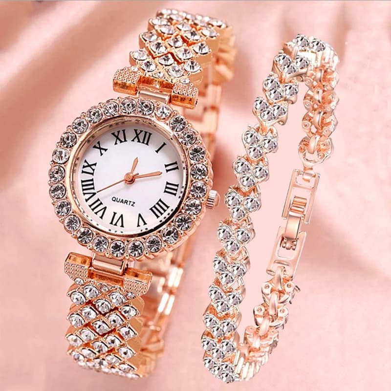 2 pezzi/set orologio da donna moda strass quadrante Roma orologi al quarzo cinturino in acciaio inossidabile orologio da polso set di braccialetti