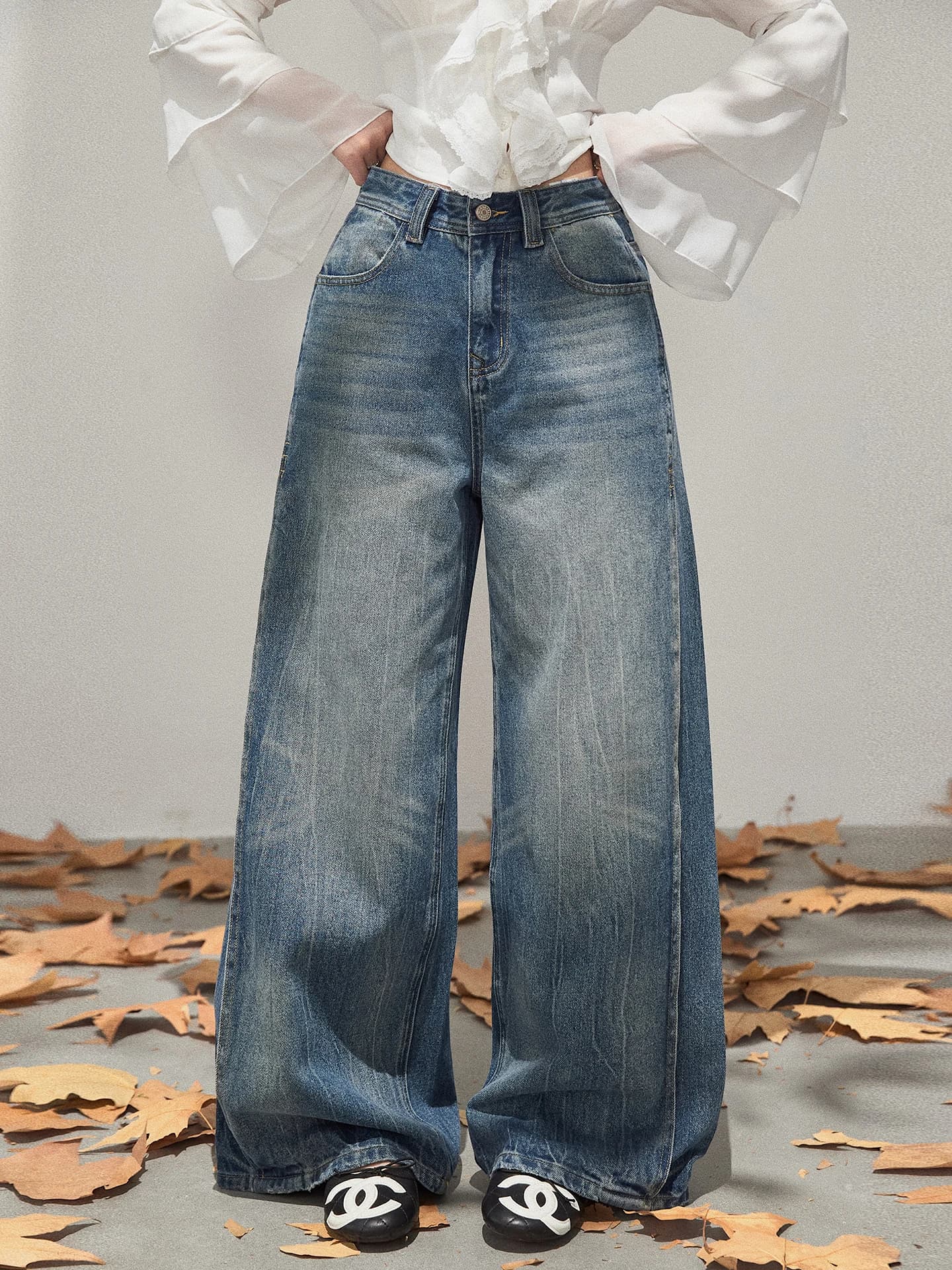 Jeans da donna Xiebu Rou a gamba larga, stile casual, lavaggio vintage con sfumature, vita naturale, pantaloni lunghi autunnali