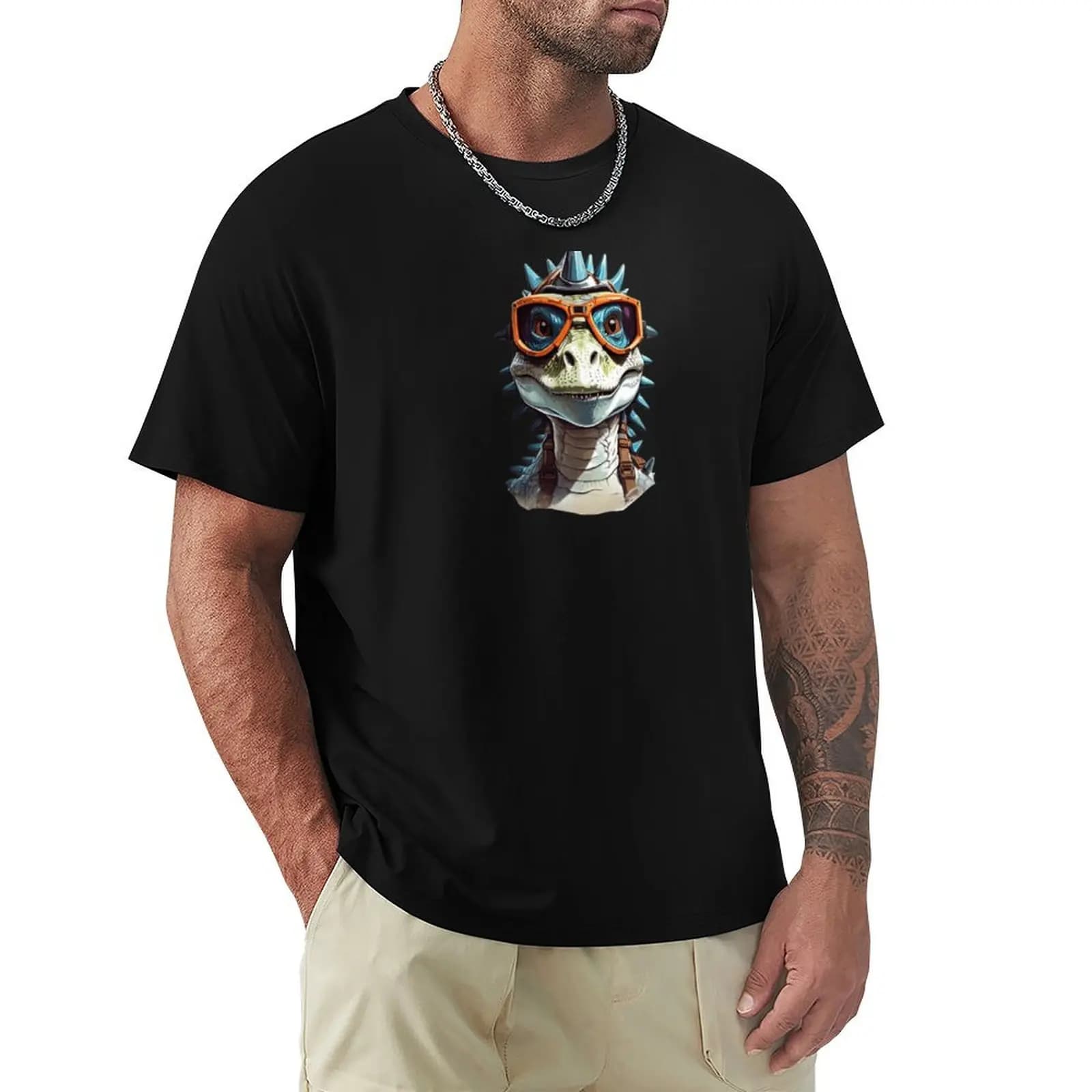 T-shirt con testa di dinosauro e occhiali da sci, maglietta per le vacanze estive