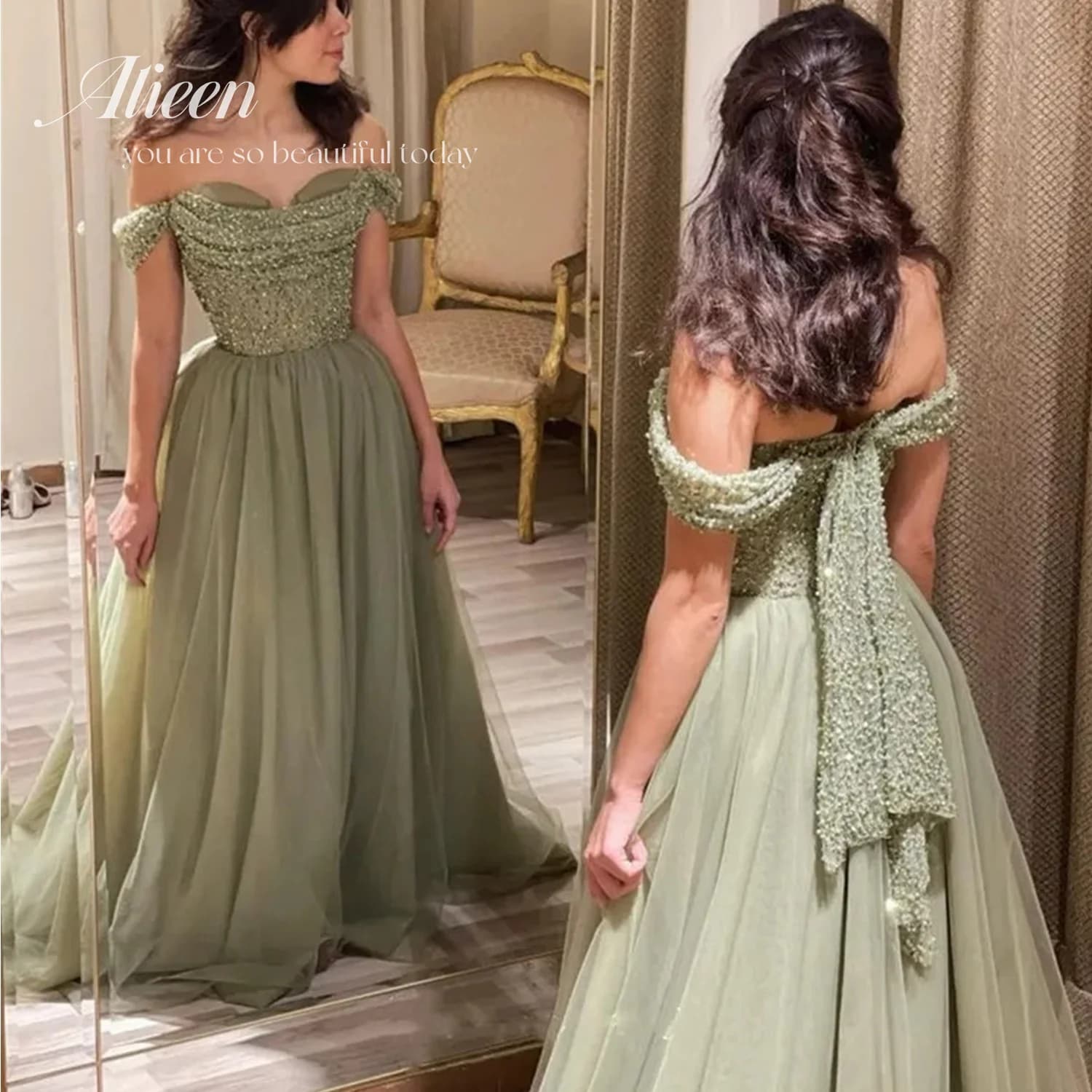 Women's Green Dance Dress Luxury Women's Party Dress with Handmade Sequins Luxury Elegant Evening Dress for Celebrity