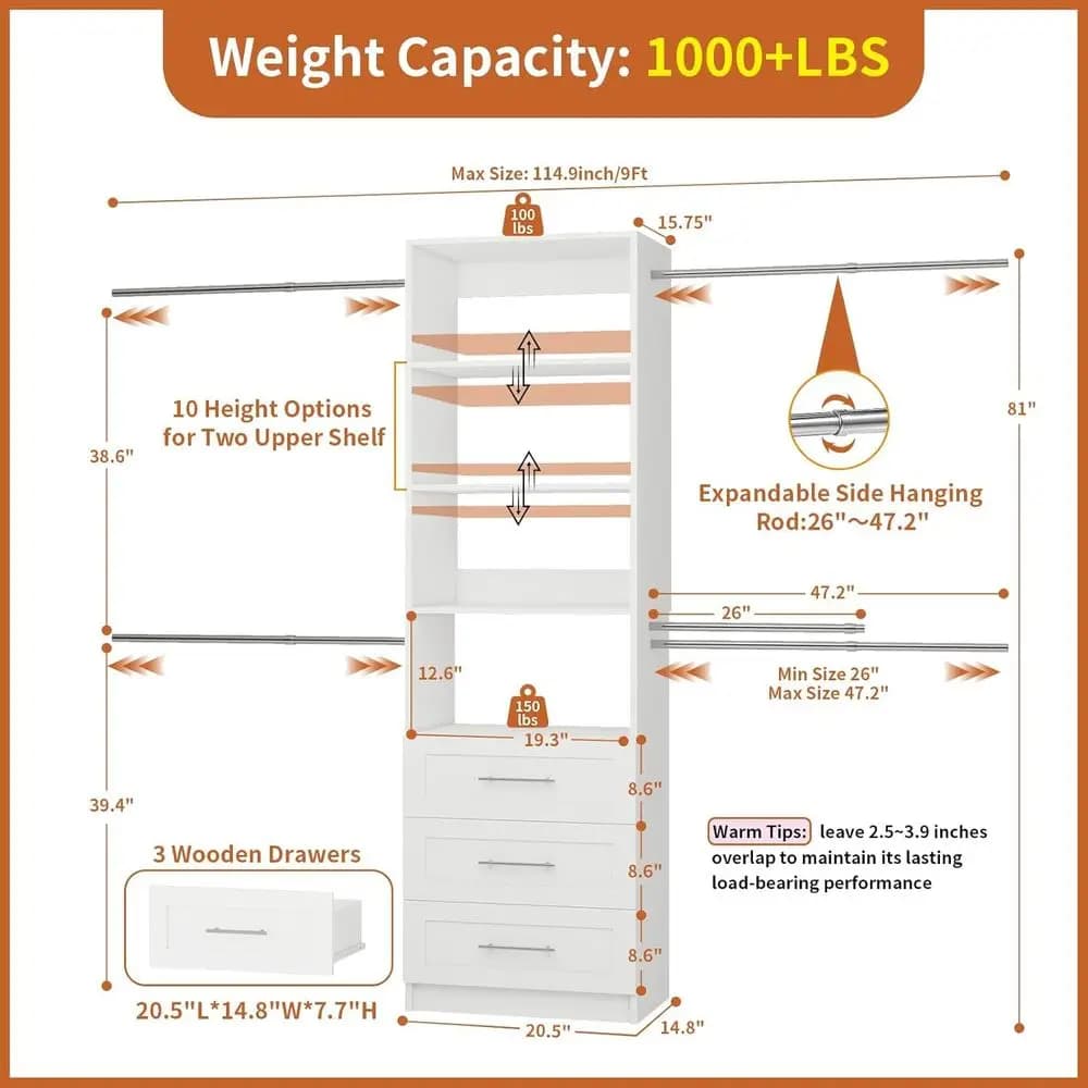 Sistema con cassetti, sistema organizer per armadio da 49FT con 4 aste appendiabiti espandibili e ripiani regolabili per cabina armadio, 96