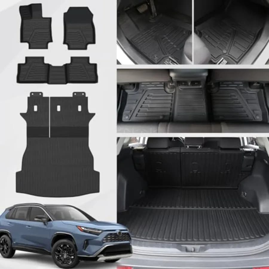 Set Tappetini per Toyota RAV4 2019-2025, Include Protezioni Battitacco Extra per Ibrido, Tappetino Bagagliaio TPE per Tutte le Stagioni, Tappetino Schienale, Tappetino Vano di Carico