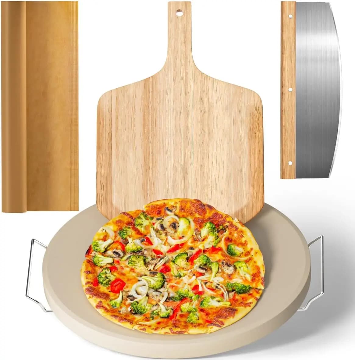 Set di 5 pietre per pizza con pietra da forno da 16", buccia, taglierina e griglia in legno per forno e grill