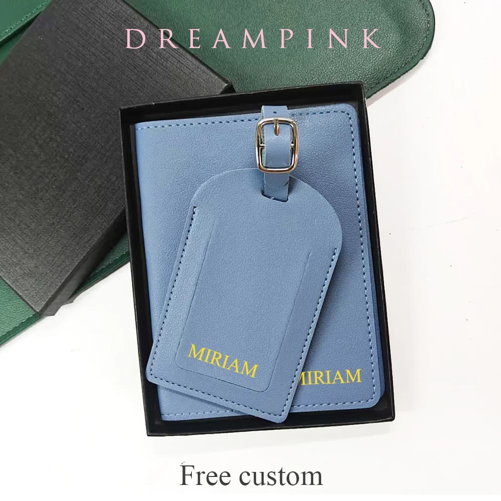 Personalizza iniziali Etichetta per bagaglio con copertina per passaporto da viaggio con confezione regalo Regalo personalizzato per accessori da viaggio per matrimonio con lettere in nastro dorato