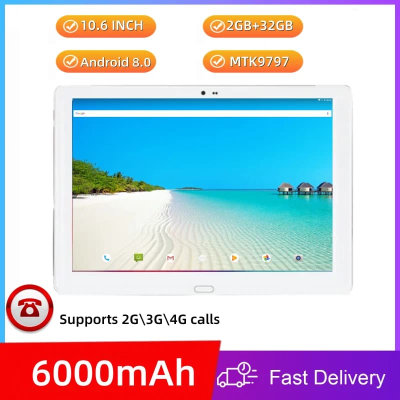 Android Tablet 8.0 from 10.6 IPS 1920 x 1200 with 4G Phone Calls, MTK979797 Quad-Core Processor, 2GB+32GB, 6000mAh Battery, 2 SIM Card Support
