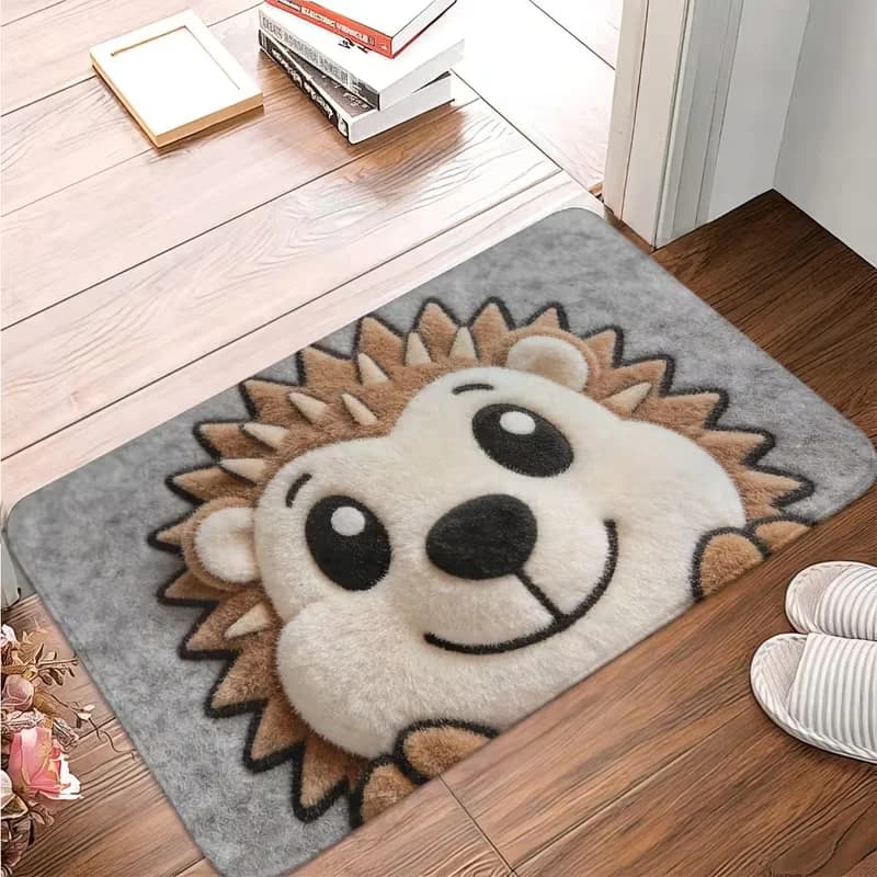 2D Cute Cartoon Hedgehog Doormat Soft Furry Animal Pattern Entrance Kitchen Bedroom Living Room Home Decor Carpet