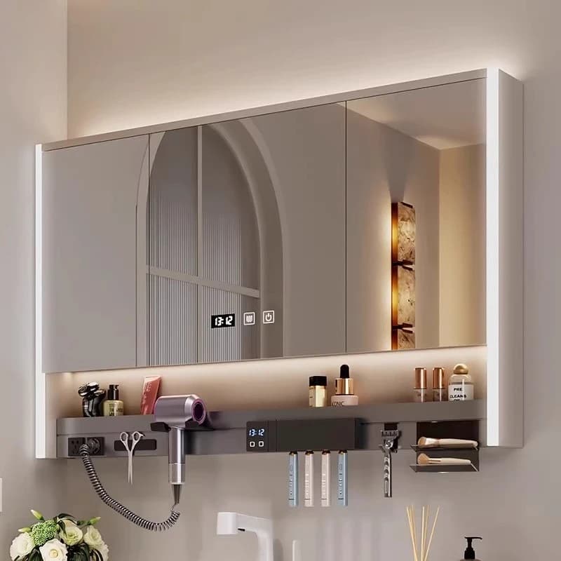 Multifunctional intelligent bathroom mirror cabinet with toothbrush disinfection, hairdryer door, built-in wall toilet