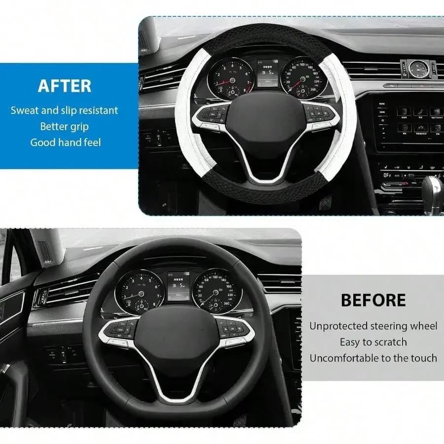 Car Steering Wheel Cover Anti-Slip Leather Universal Fit 14.5-15 Inch Breathable Comfort Grip