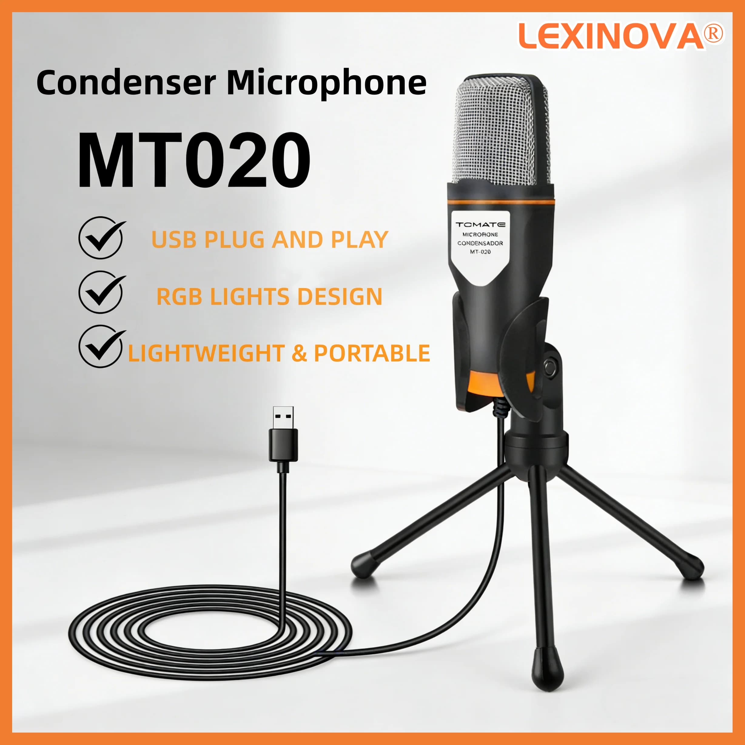 Nuovo MT-020 Microfono a condensatore USB stile RGB Microfono per registrazione vocale desktop con supporto Supporto per laptop e computer Plug and Play