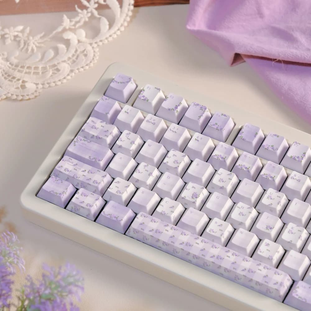 142 tasti Fiore viola Copritasti Cherry Profilo Sublimazione della tintura Piccolo floreale PBT Keycap per tastiera meccanica MX 2.25u 2.75u ISO