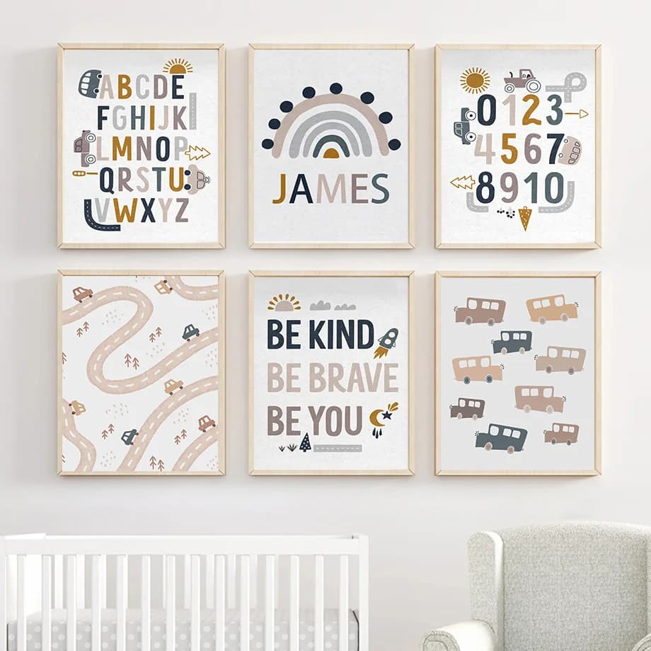 1pcs(No frame)Boho Car Traffic Rainbow Alphabet Digit Wall Art Canvas Painting Nordic Cartoon Posters And Prints Pictures Bab