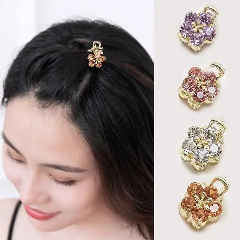 Mini Rhinestone Flower Hair Clips 4Pcs Shiny Crystal Gold Base No Hair Damage for Vacation Travel Hair Styling