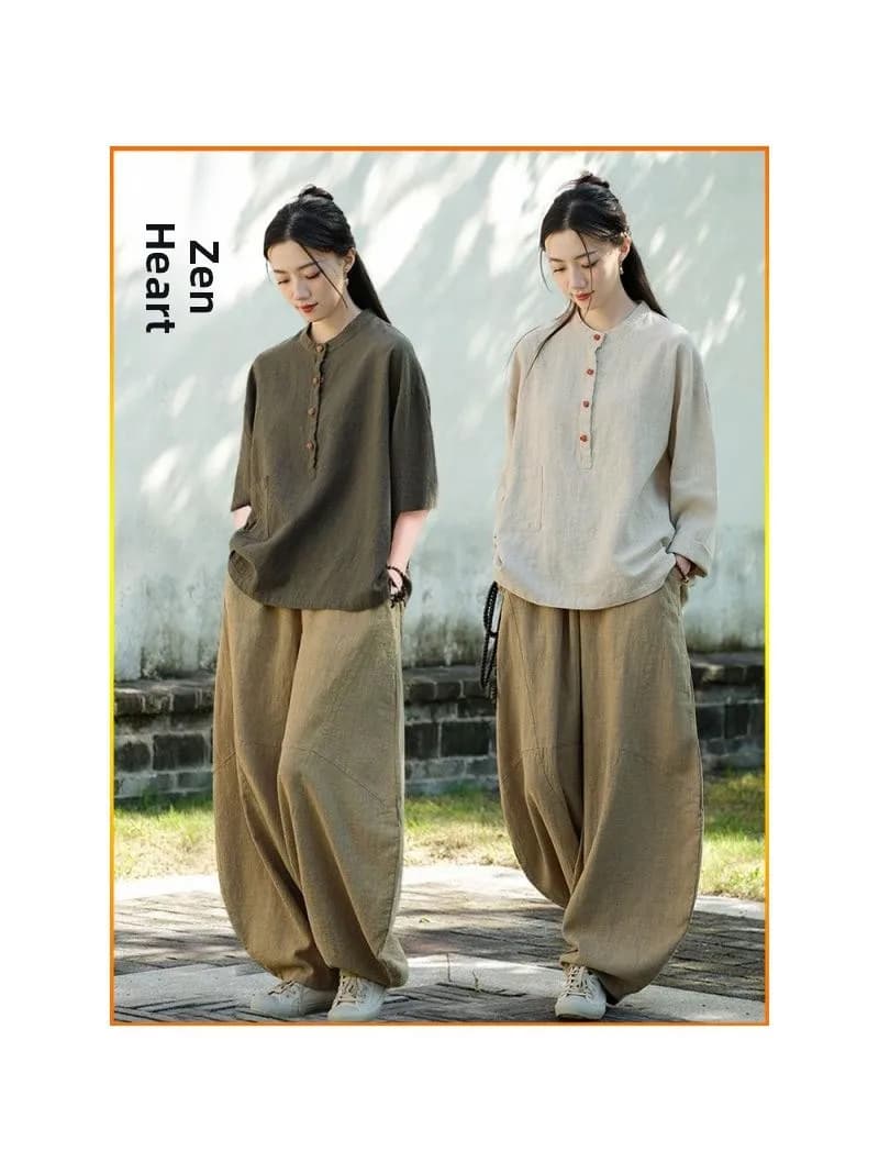 Completo da Donna in Cotone e Lino Stile Zen con Top Abbottonato, Set Vegetariano, Blusa Tradizionale Cinese Etnica alla Moda