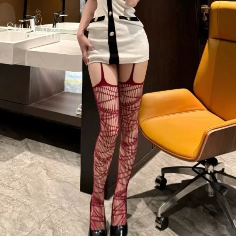 Nuove ragazze gotiche Lolita scava fuori calze a rete moda donna Halloween collant neri giarrettiera sopra i calzini al ginocchio collant velato