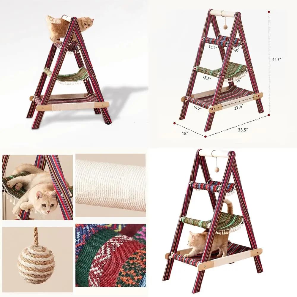 Torre per Gatti a 3 Livelli in Stile Boho con Letti Multi-Livello, Amaca, Tiragraffi e Giocattolo Sospeso