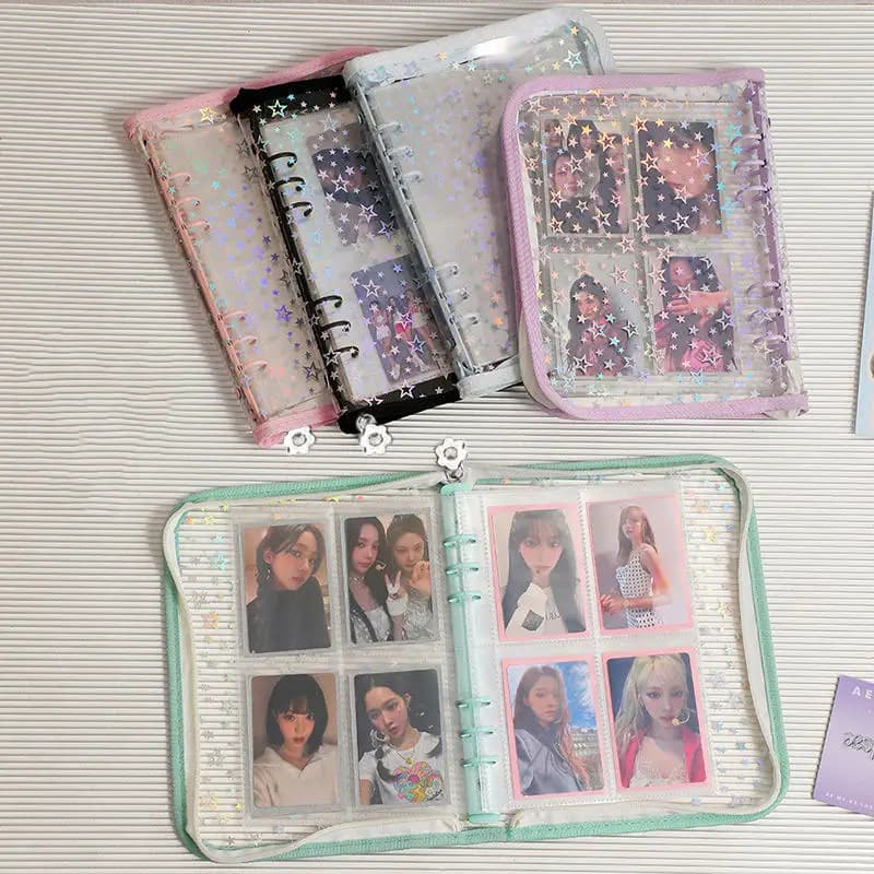 Raccoglitore con cerniera a stella laser A5, raccoglitore di libri, ricarica, organizer, diario fai da te, diario, trasparente, Kpop Idol, album fotografico, cancelleria Kawaii