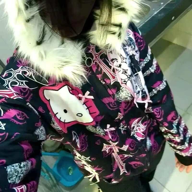 Y2K Gothic Hello Kitty Zip Up Hoodie Leopard Faux Fur Collar Cross Skull Graphic Jacket Pink Bow Lace Ribbon Decor Sweatshirt