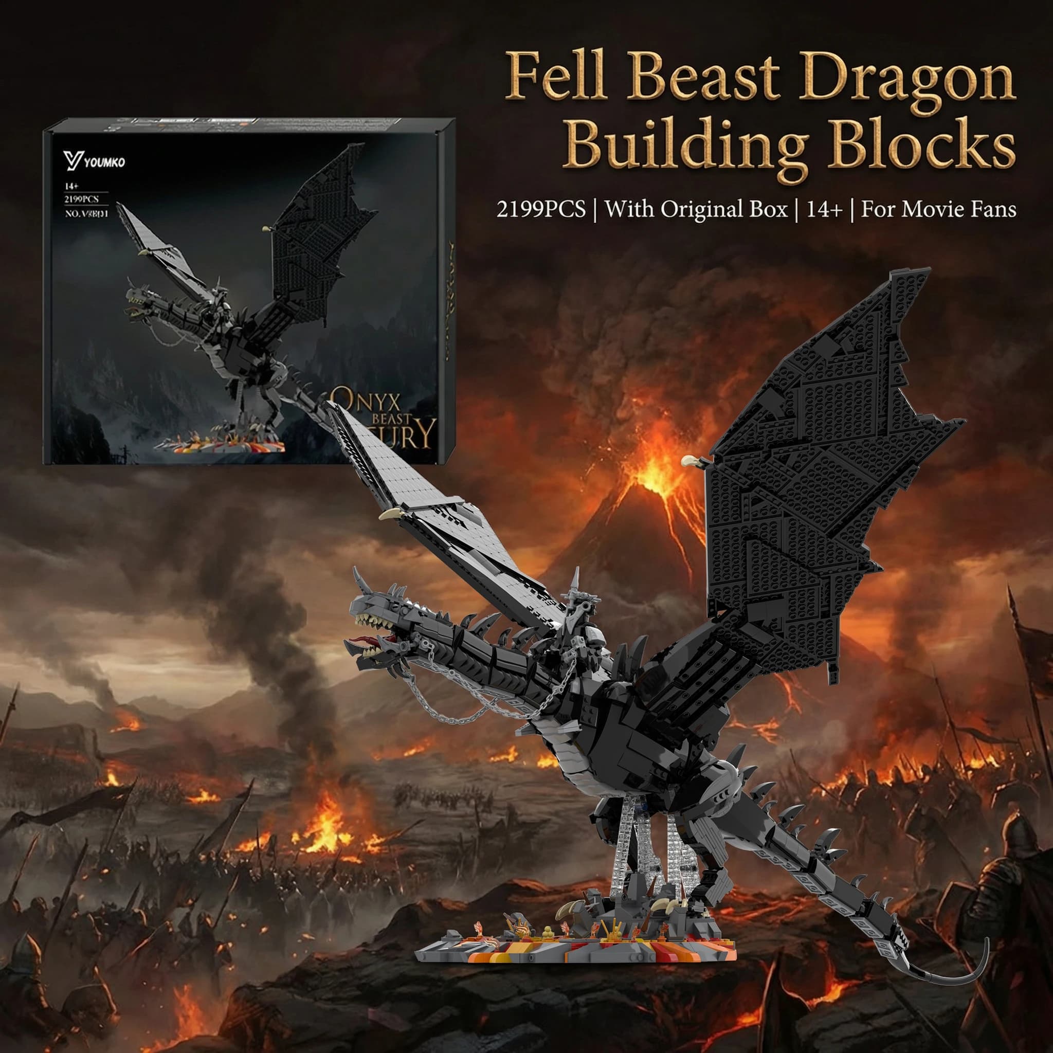 Set di Blocchi da Costruzione Drago Bestia del Film, Kit Modello Mostro Nero LOTR, Giocattolo DIY per Ragazzi e Adulti, Regalo STEM 2199 Pezzi