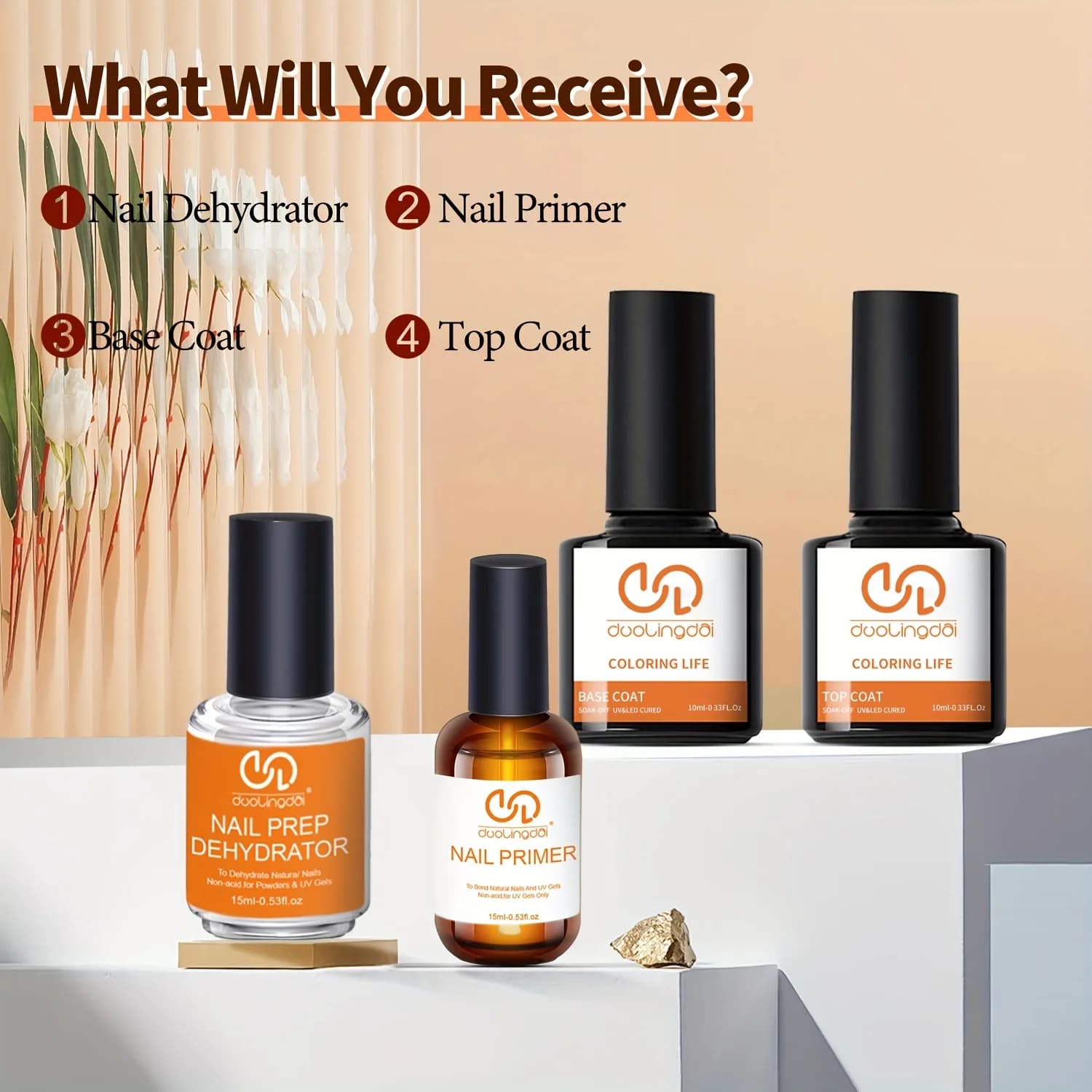 4 pieces of Top Coat and Base Gel, professional dehydrating for natural nails and primers without acrylic nail acids and gels