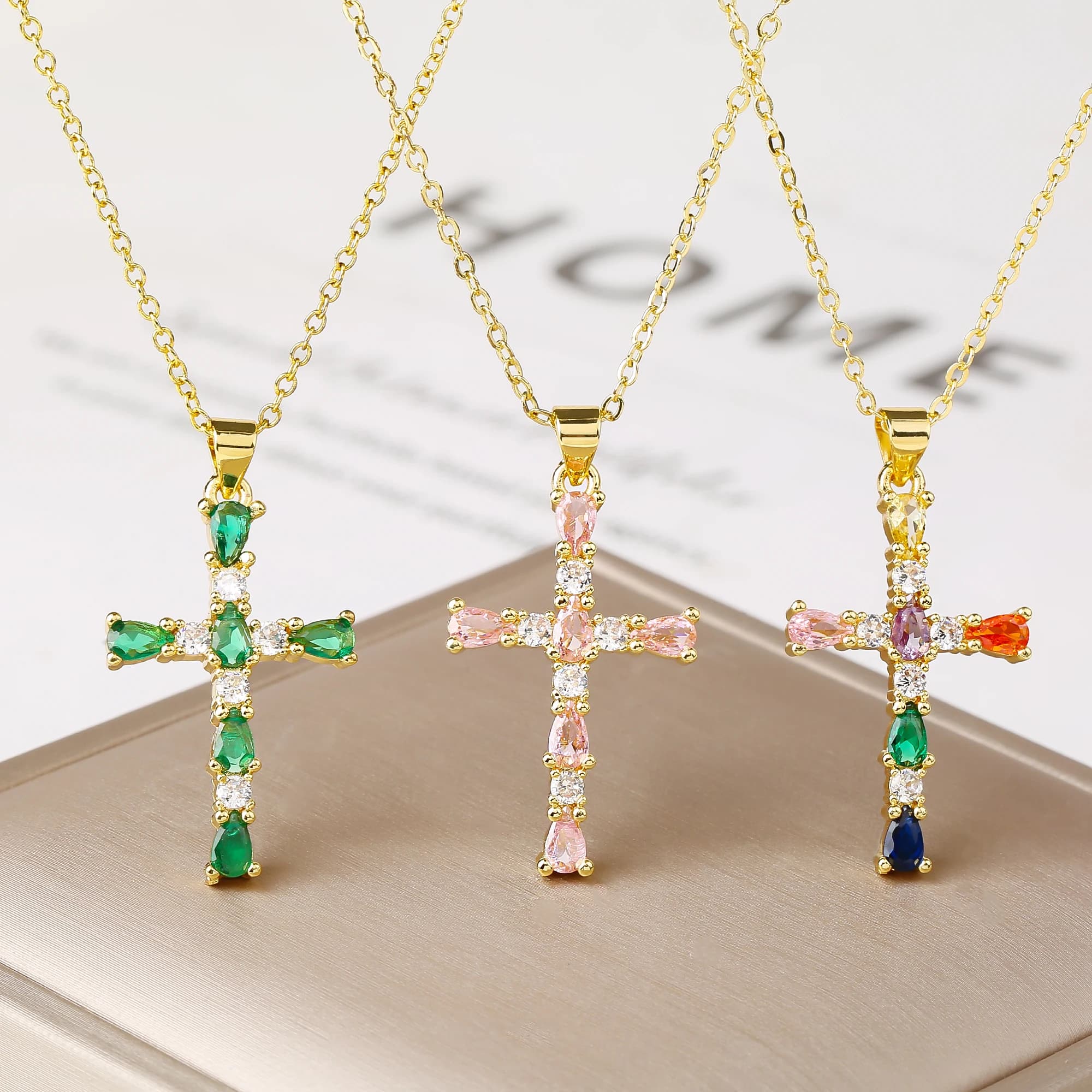 Shiny Rhinestones Cross Necklace Colorful Cubic Zirconia Pendant Christian Religious Jewelry for Women Fashion Choker Gift
