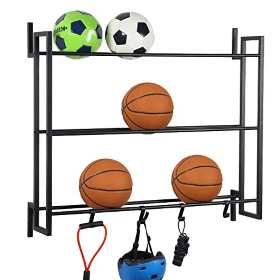 Wall-mounted 3-tier ball rack for gym use steel construction black finish holds basketballs/footballs/volleyballs with 4 S-hook