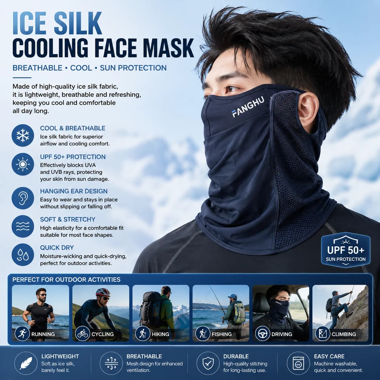 Summer UV protection ear hanging cycling sunscreen mask, breathable neck protection ice silk face mask for men and women