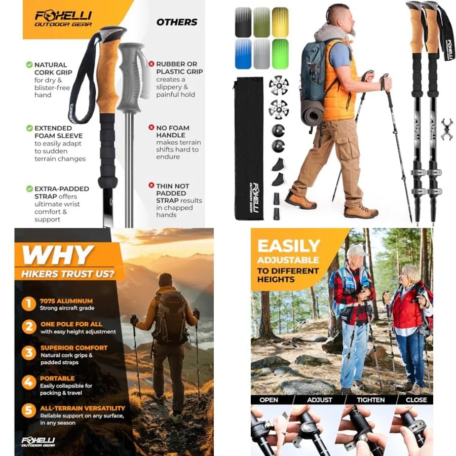 Trekking Poles Lightweight Collapsible Aircraft Grade Aluminum Hiking Poles with Cork Grips Quick Locks All-Terrain Accessories