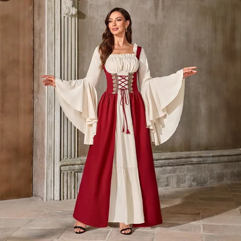 Vintage Medieval Dress Cosplay Costume Ruffled Square NeckBell Sleeves Long Dress Renaissance Princess Clothing Halloween Party