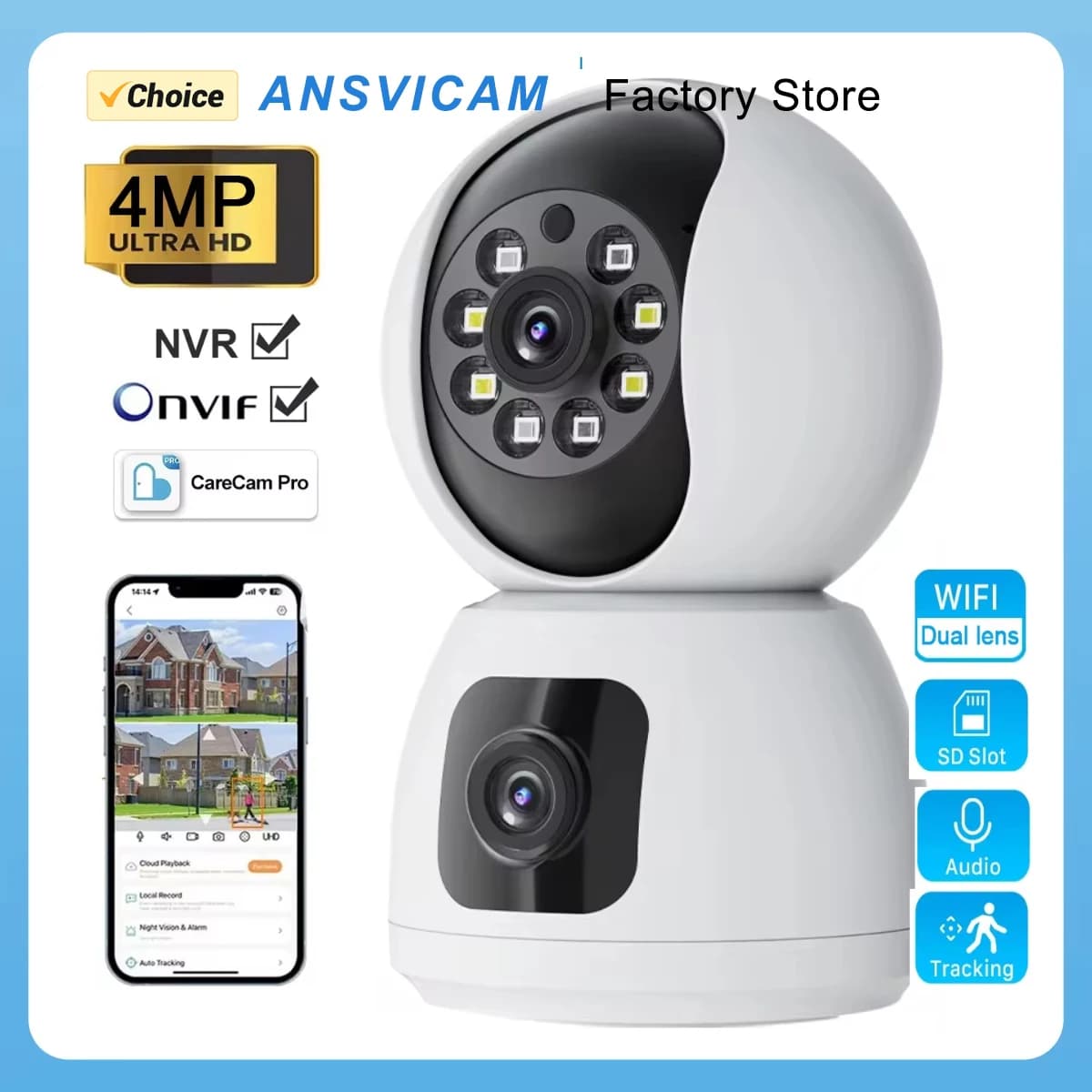 Telecamera PTZ a Doppia Lente 2K 4MP | Telecamera di Sicurezza IP WIFI Wireless per Casa Intelligente con Audio Bidirezionale, Monitor per Bambini e Animali Domestici CareCam Pro