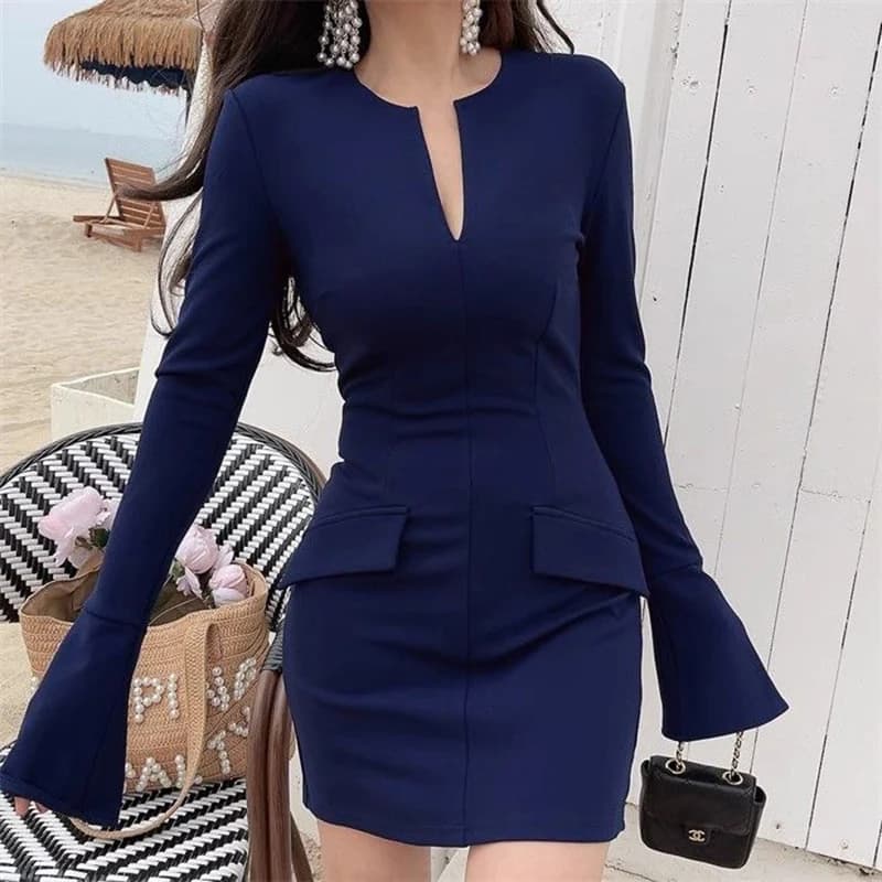 2026 Female Korean Solid Long Sleeve Dress Lady Sexy Thin Wrap Hip Dress Girls Classic Ins Fashion Navy Blue Skirt