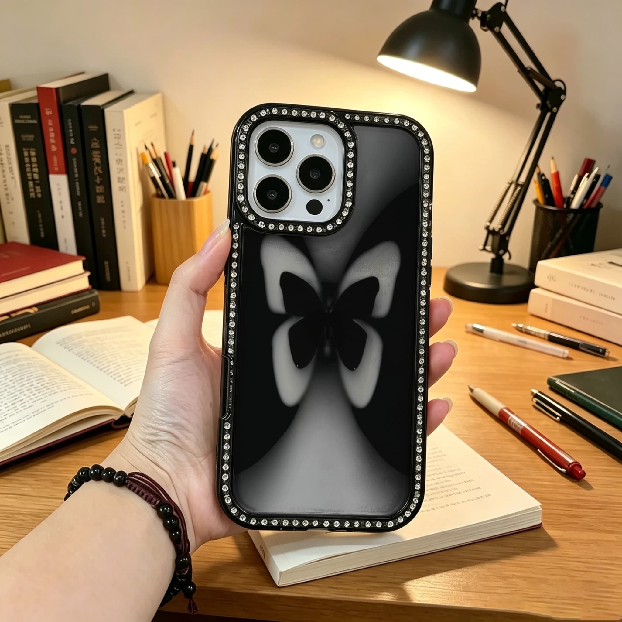 Fashion Double-Sided Bling Rhinestone 3-in-1 Phone Case, Luxury Rhinestone Phone Case, Black Butterfly Design With Sparkling Border Flexible TPU Soft Bumper Hard PC Back Multi-Layer Shockproof Case Compatible with iPhone 11/12/13/14/15/16 Series,
