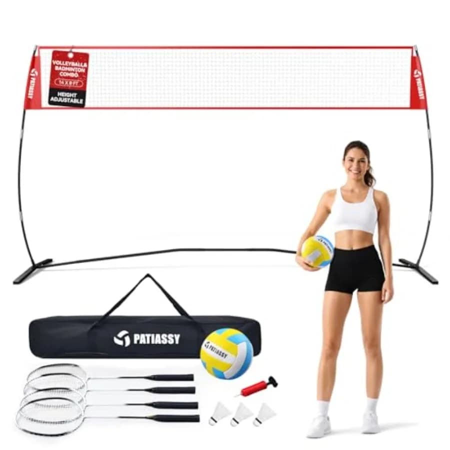 Set da pallavolo e badminton da giardino: sistema portatile con telaio in alluminio nero-grigio da 14 piedi con altezza regolabile di 5,18 piedi