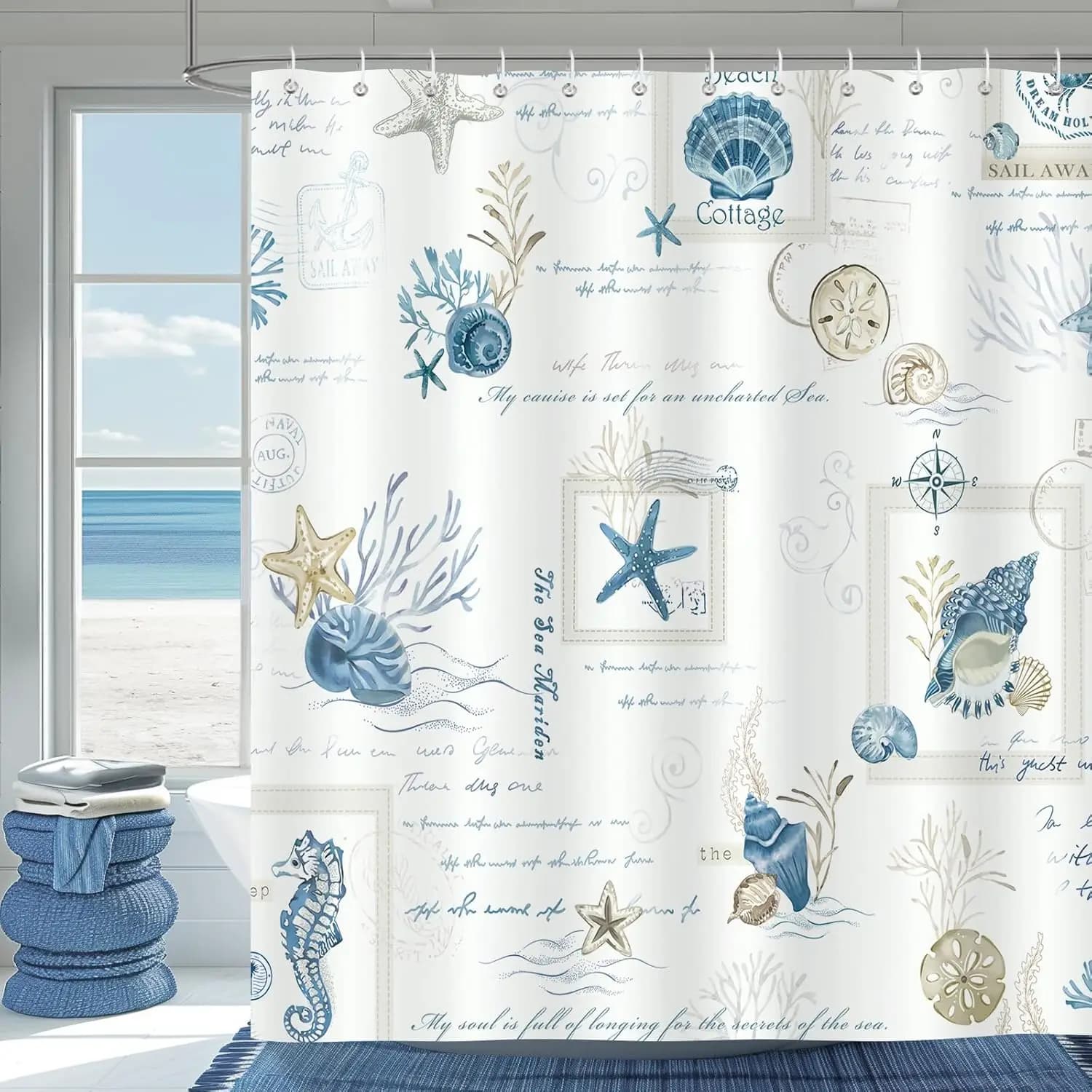 Tenda da doccia con conchiglia di stelle marine blu Costa nautica 180 x 180 cm Tenda da doccia lavabile antimuffa impermeabile in poliestere con 12 ganci