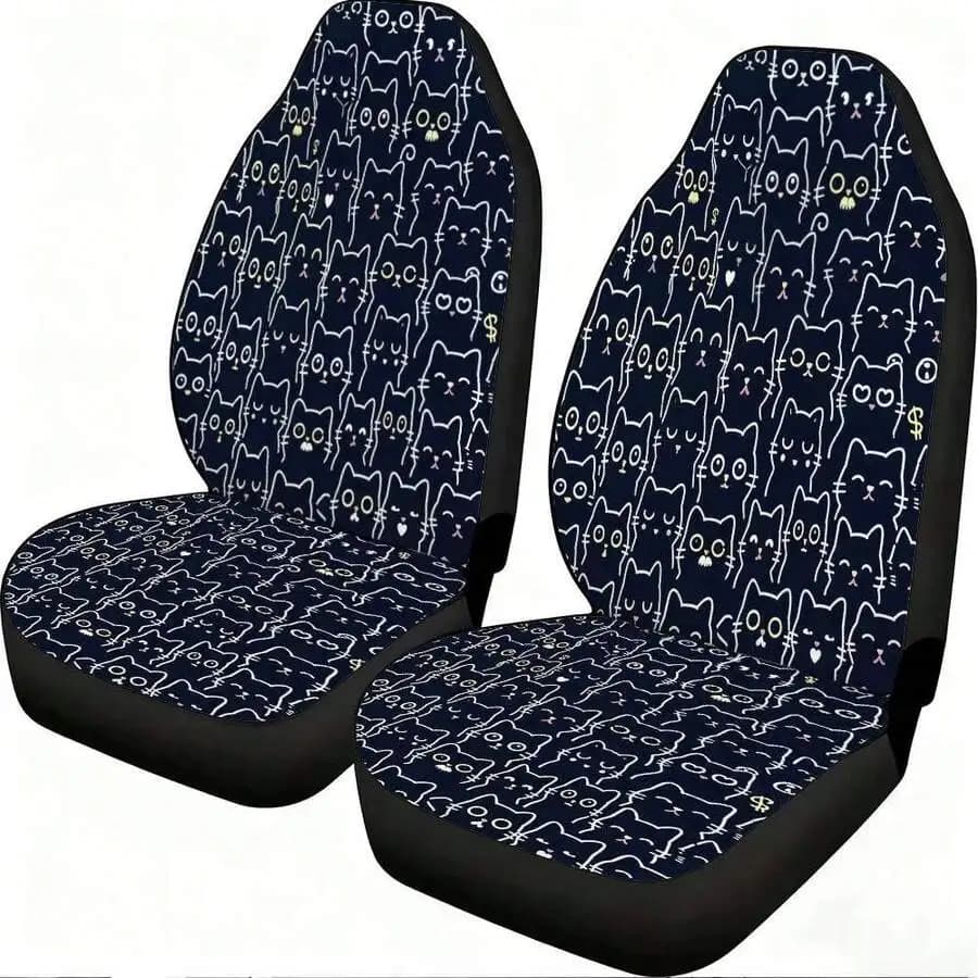 Adorable Black Cat Pattern Car Seat Covers For Front Seats High Back Polyester Universal Fit