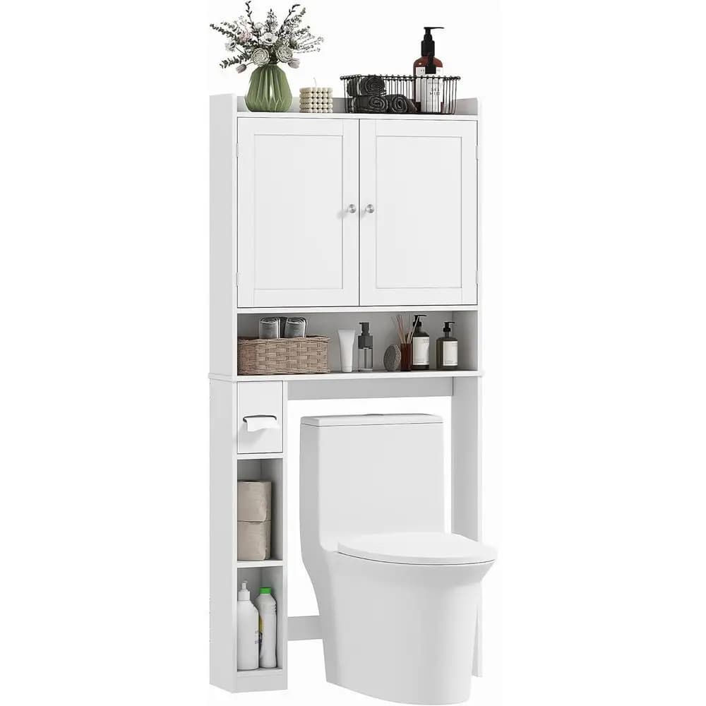 Mobiletto Salvaspazio da Bagno o Lavanderia con 2 Ripiani, Porta Carta Igienica, Bianco