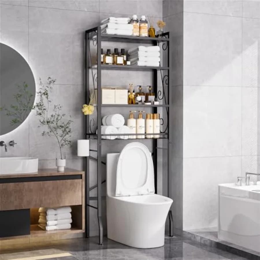 Scaffale portaoggetti da bagno a 4 livelli sopra il WC, organizer da bagno con ripiani in legno regolabili e cesto, autoportante