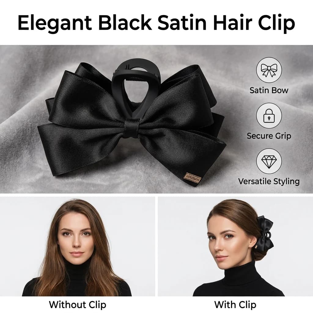 Large Satin Bows Hair Claw Clip, Black Bowknot Spring Grip Barrette with Non Slip Teeth, 13 cm Hair Accessory for Long Hair