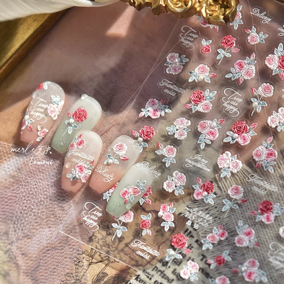 Adesivi per Unghie con Fiori Rosa e Bianchi, Decorazioni Autoadesive con Perle e Rose per Nail Art Fai-da-Te