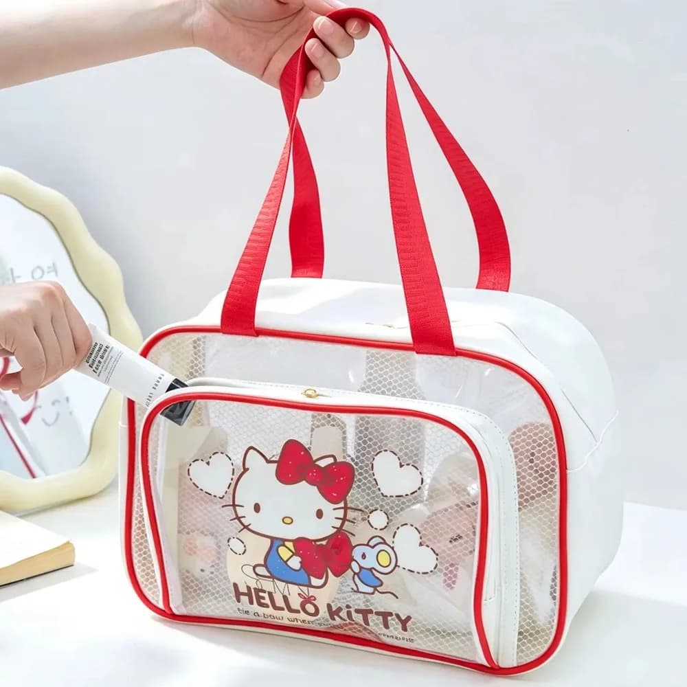 Borsa per il Trucco, Borsa Portaoggetti Sanrio, Borsa da Toilette Impermeabile Trasparente a Doppio Strato con Separazione Asciutto/Bagnato